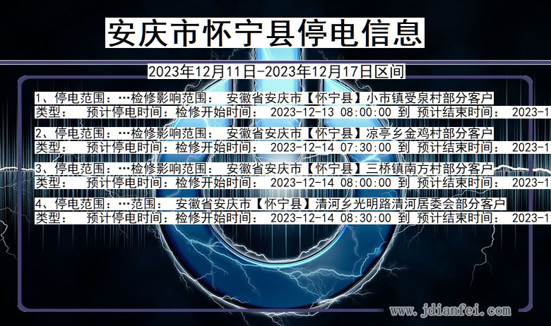 安徽省安庆怀宁停电通知