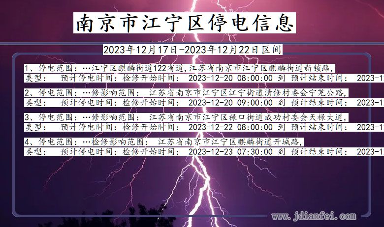 江苏省南京江宁停电通知