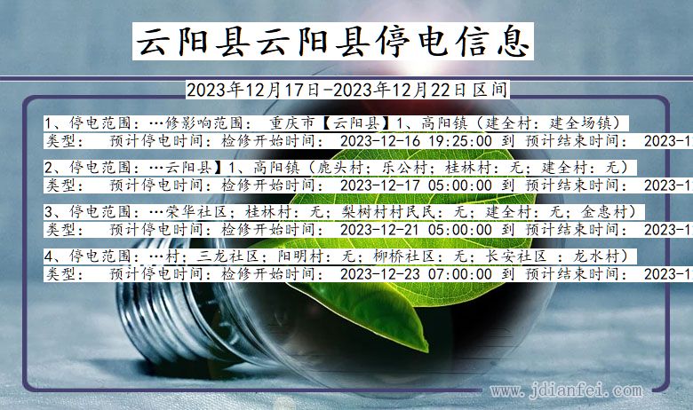 重庆市云阳县云阳停电通知