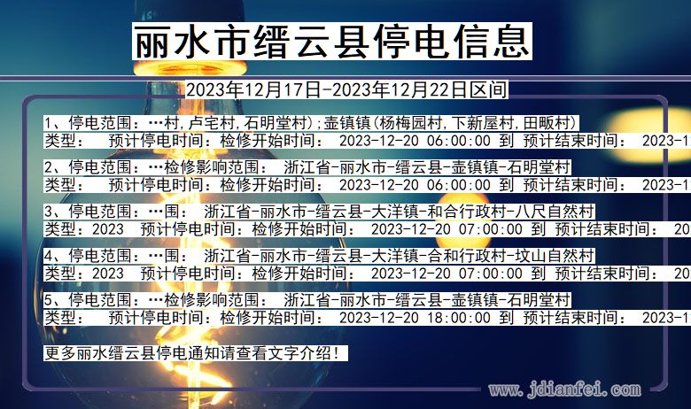 浙江省丽水缙云停电通知