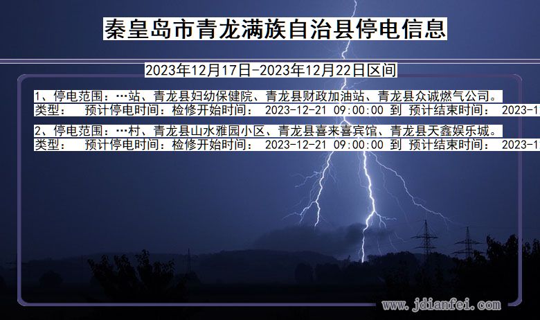 河北省秦皇岛青龙满族自治停电通知