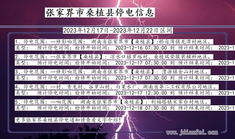 湖南省张家界桑植停电通知