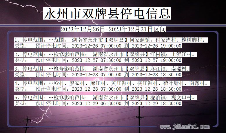 湖南省永州双牌停电通知