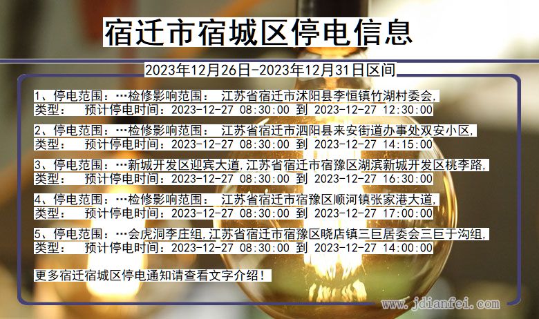 宿迁宿城停电通知 江苏省宿迁宿城停电通知