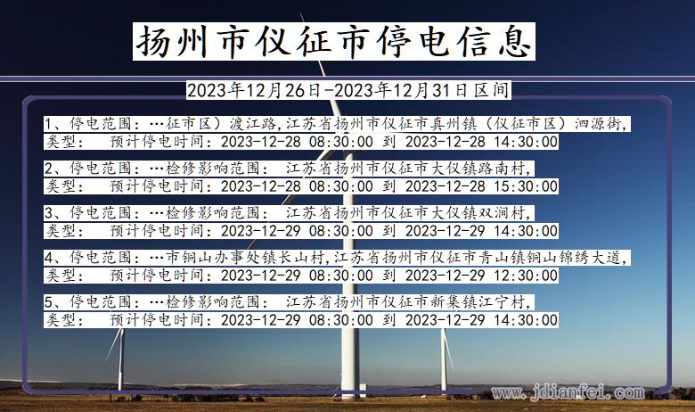 江苏省扬州仪征停电通知