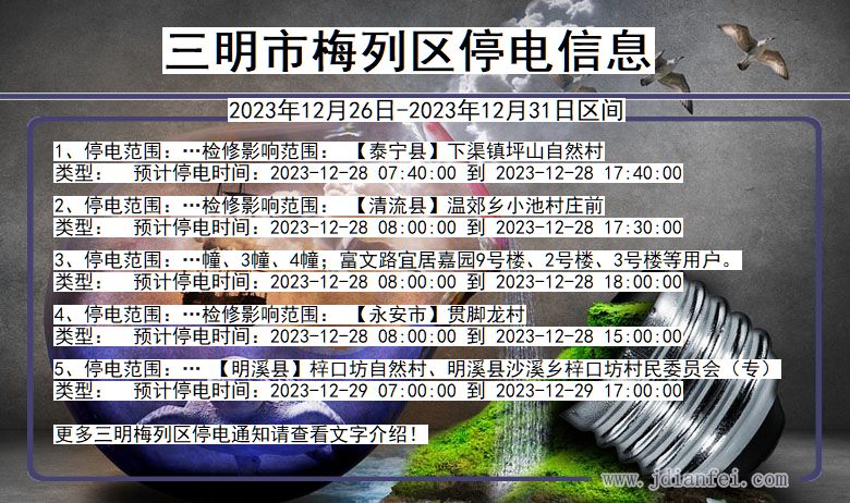 福建省三明梅列停电通知