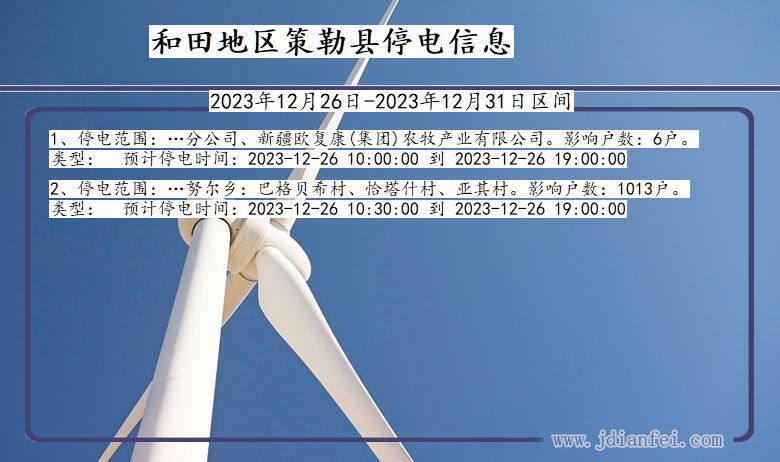 新疆维吾尔自治区和田地区策勒停电通知