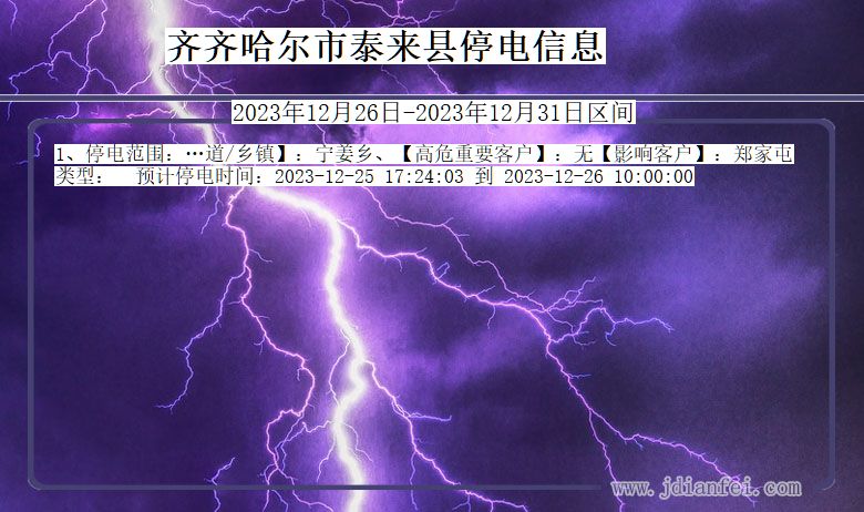 黑龙江省齐齐哈尔泰来停电通知