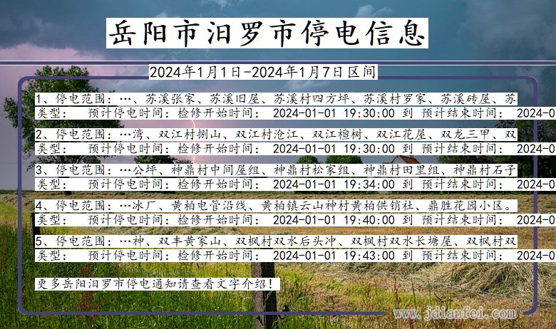 湖南省岳阳汨罗停电通知