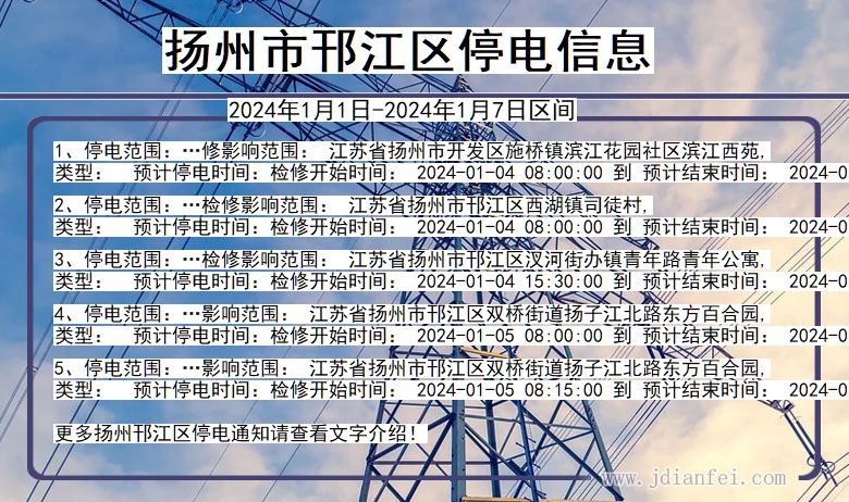 扬州邗江停电通知 江苏省扬州邗江停电通知