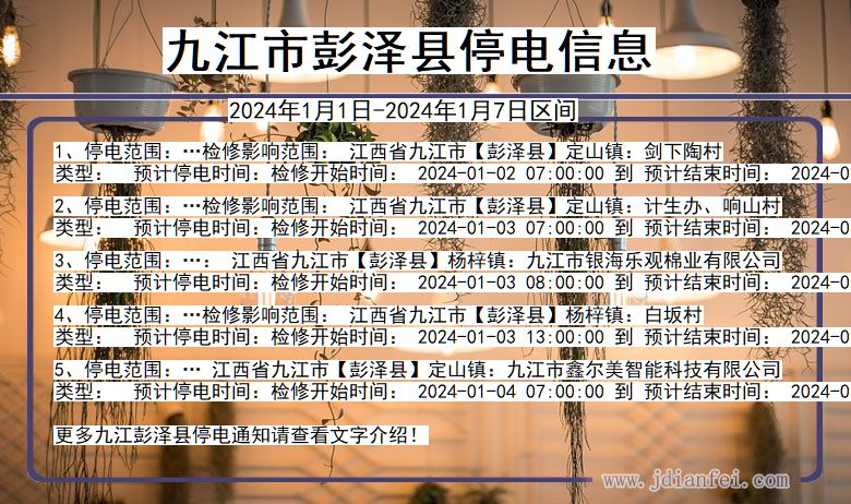 江西省九江彭泽停电通知