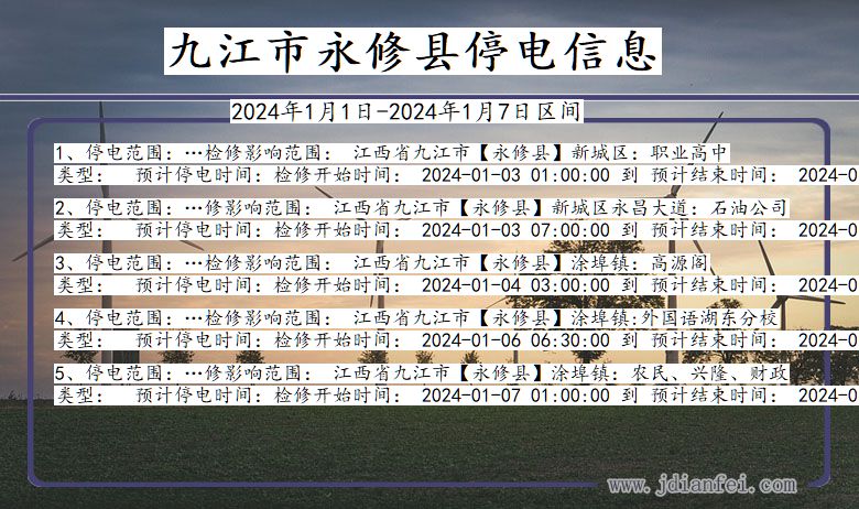 江西省九江永修停电通知