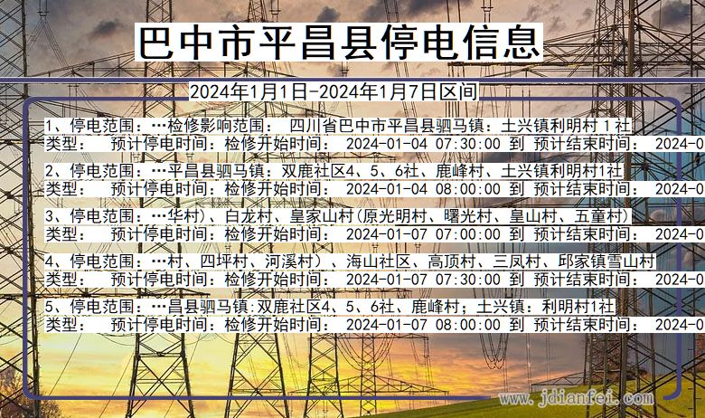 四川省巴中平昌停电通知