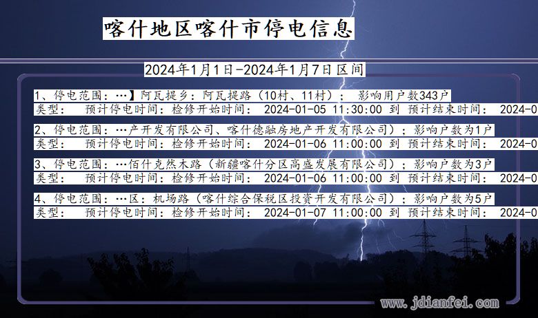 新疆维吾尔自治区喀什地区喀什停电通知