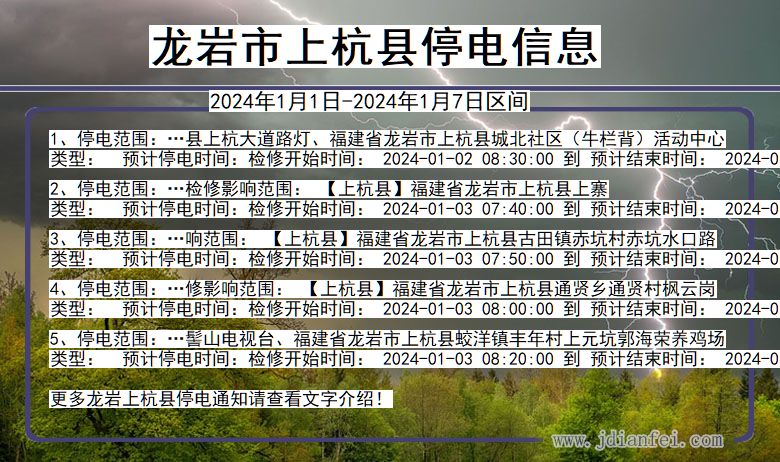 福建省龙岩上杭停电通知