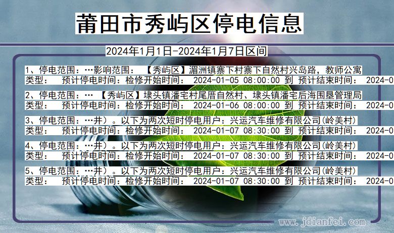 福建省莆田秀屿停电通知