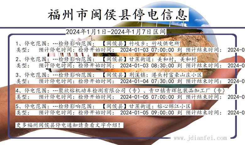 福州闽侯停电通知 福建省福州闽侯停电通知