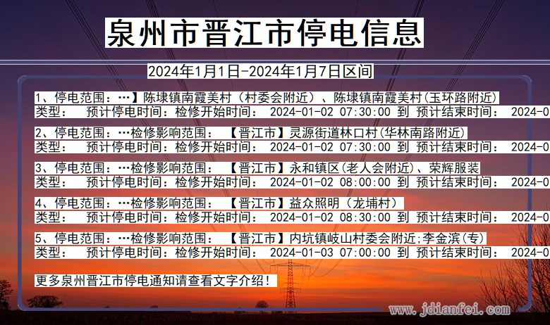 福建省泉州晋江停电通知