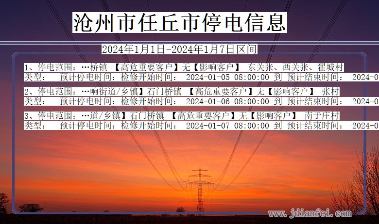 沧州任丘停电通知 河北省沧州任丘停电通知