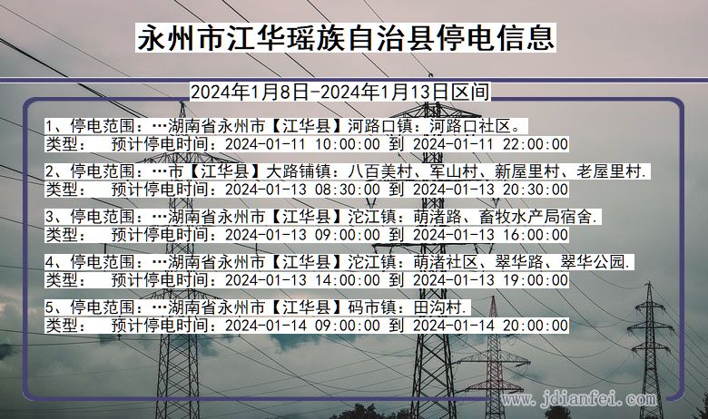 湖南省永州江华瑶族自治停电通知