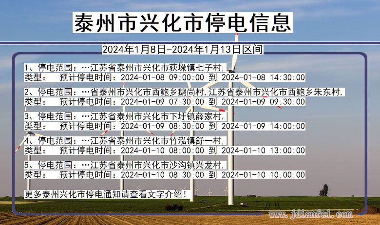 江苏省泰州兴化停电通知