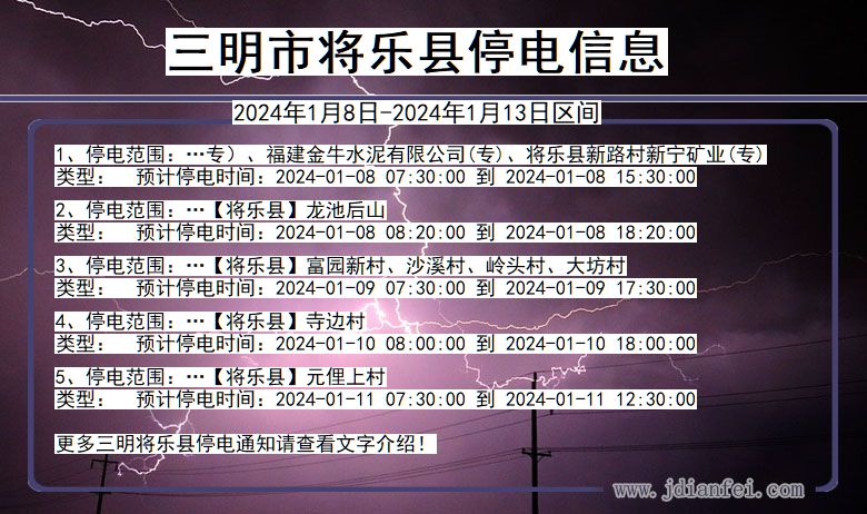 三明将乐停电通知 福建省三明将乐停电通知
