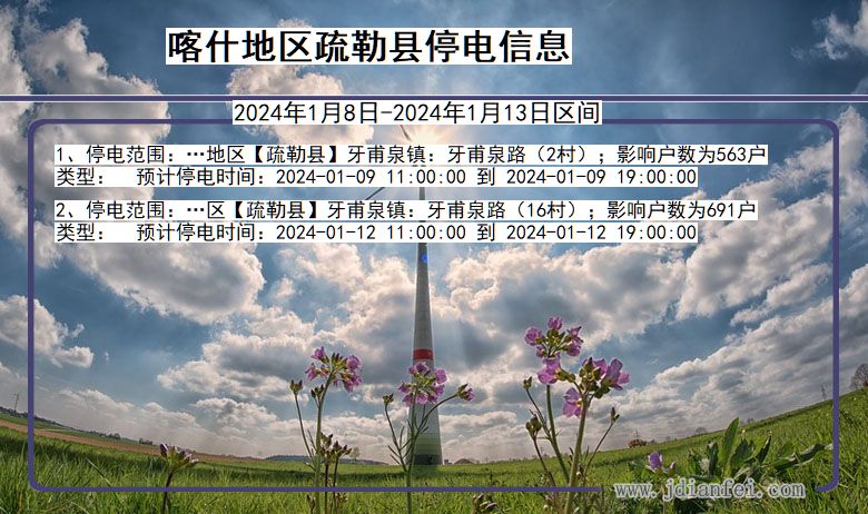 新疆维吾尔自治区喀什地区疏勒停电通知