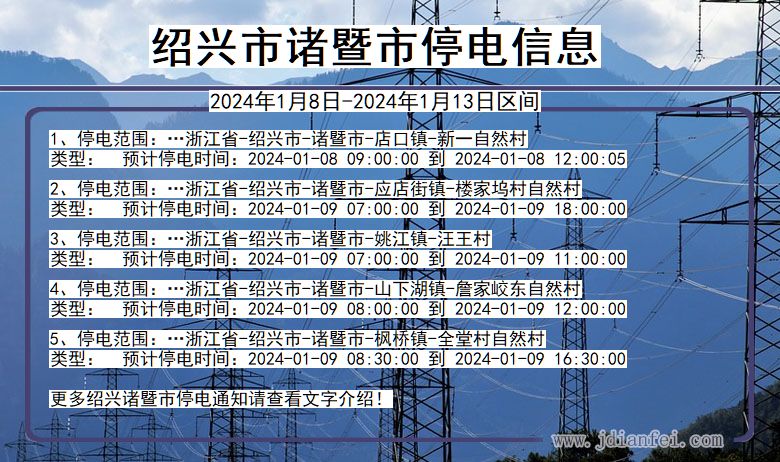 浙江省绍兴诸暨停电通知