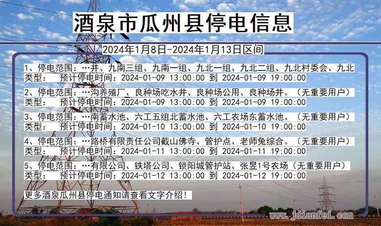 甘肃省酒泉瓜州停电通知