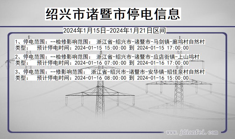 浙江省绍兴诸暨停电通知