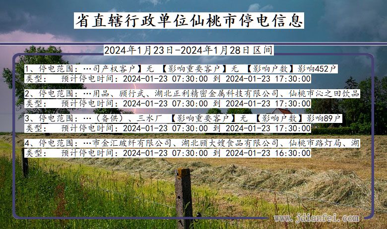 湖北省省直辖行政单位仙桃停电通知