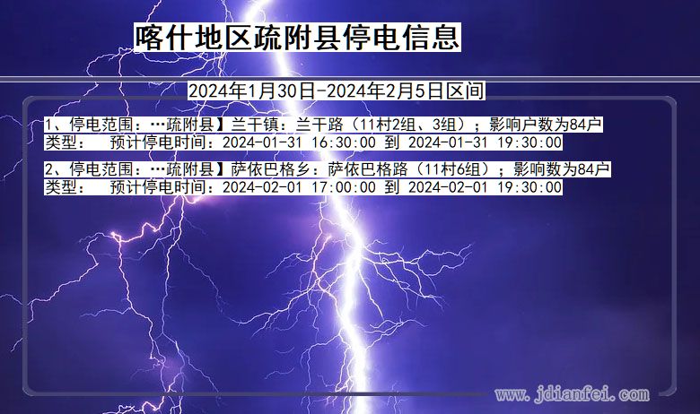 新疆维吾尔自治区喀什地区疏附停电通知