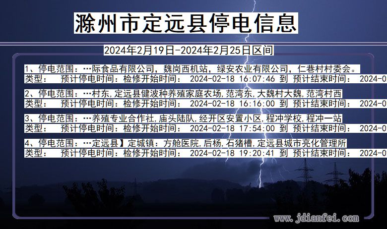 安徽省滁州定远停电通知