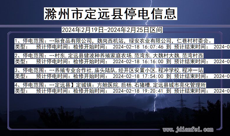 安徽省滁州定远停电通知