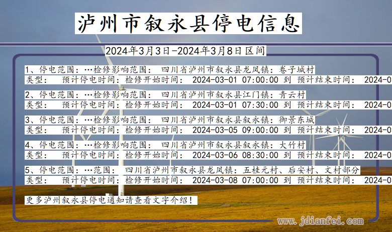 四川省泸州叙永停电通知