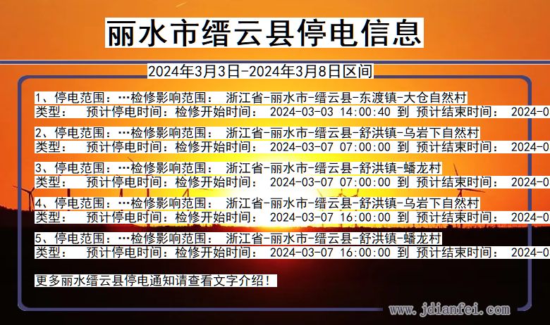 浙江省丽水缙云停电通知