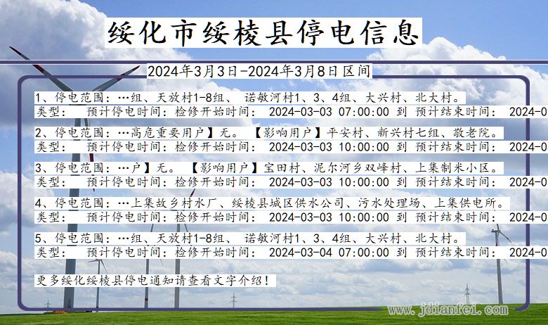 黑龙江省绥化绥棱停电通知