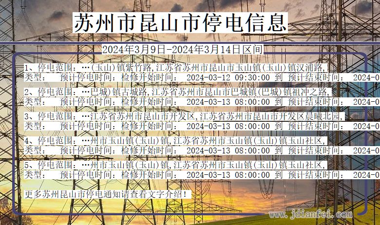 江苏省苏州昆山停电通知