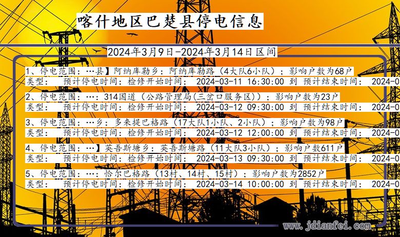 新疆维吾尔自治区喀什地区巴楚停电通知