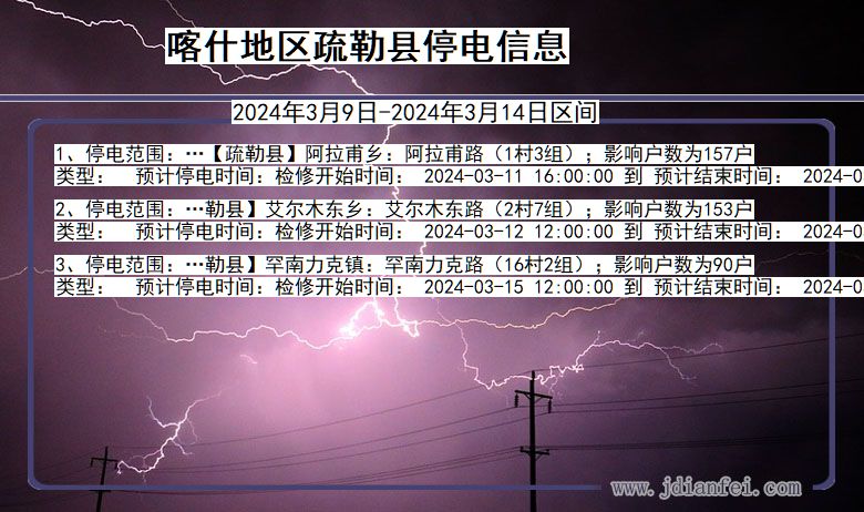 新疆维吾尔自治区喀什地区疏勒停电通知