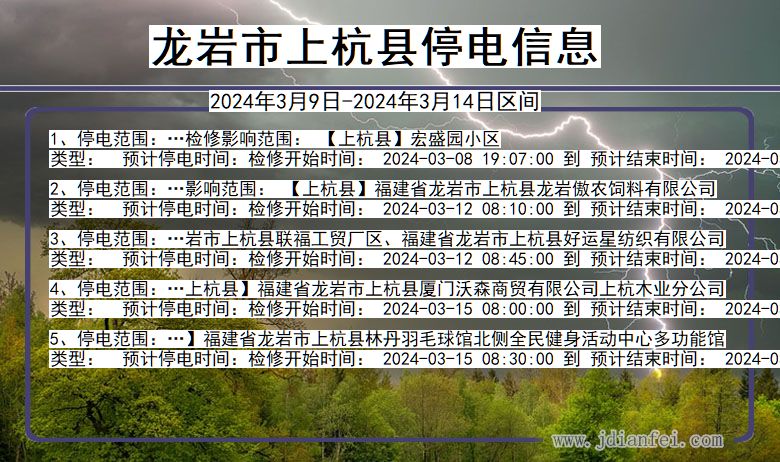 福建省龙岩上杭停电通知