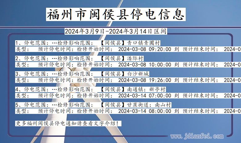 福建省福州闽侯停电通知