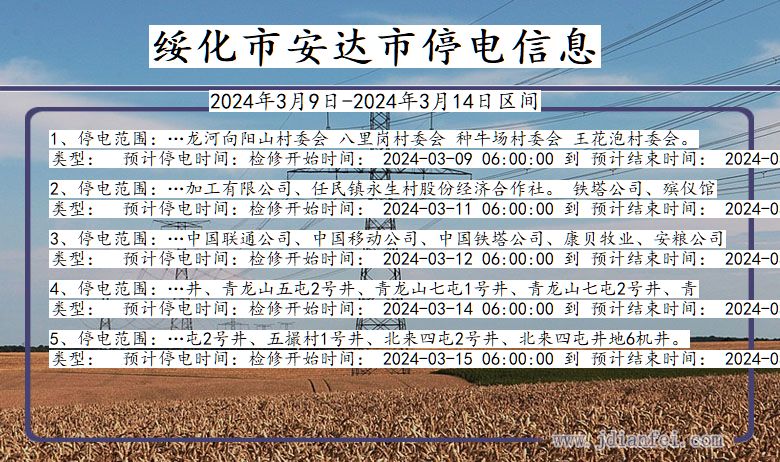 黑龙江省绥化安达停电通知