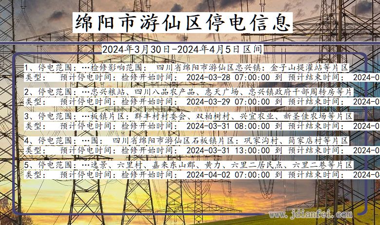 四川省绵阳游仙停电通知