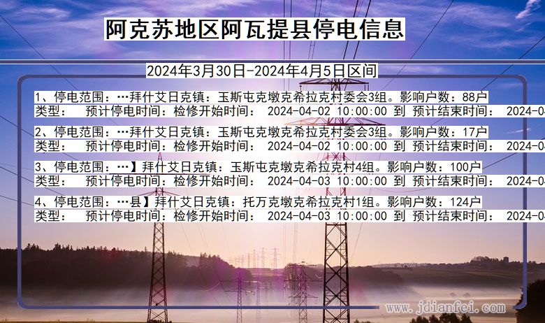 阿克苏地区阿瓦提停电通知 新疆维吾尔自治区阿克苏地区阿瓦提停电通知
