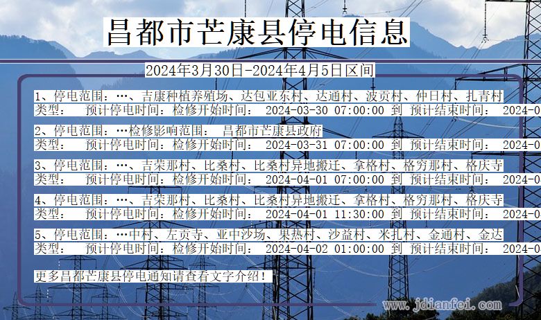 西藏自治区昌都芒康停电通知