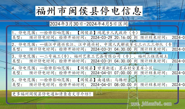 福建省福州闽侯停电通知