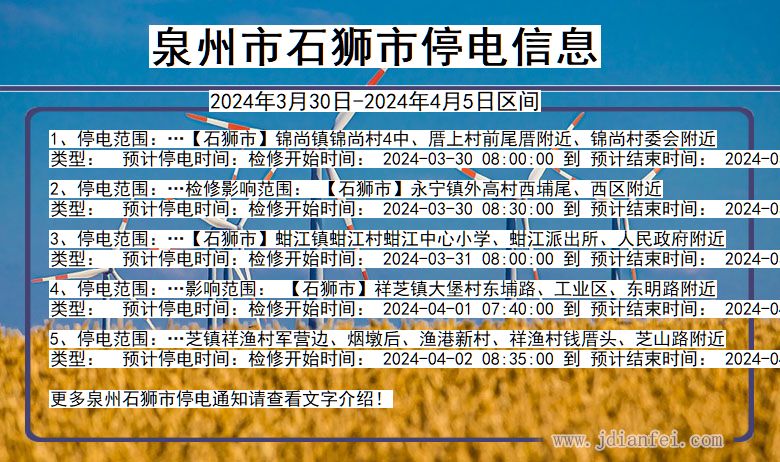 福建省泉州石狮停电通知