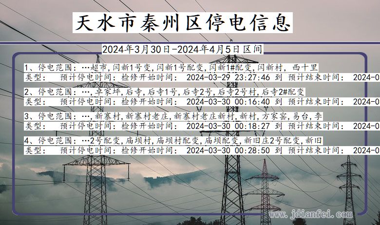 天水秦州停电通知 甘肃省天水秦州停电通知