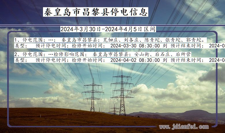 河北省秦皇岛昌黎停电通知